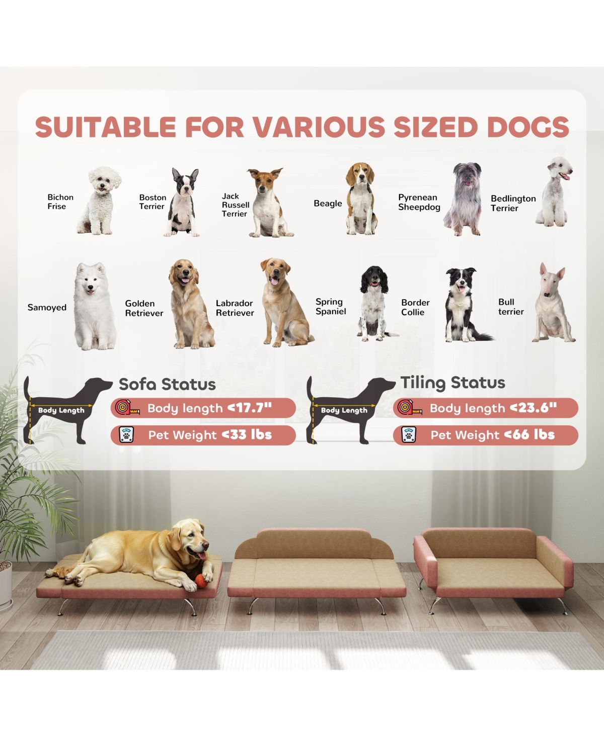 PawHut Dog Sofa w/ Adjustable Armrest & Backrest for Small to Large Dogs