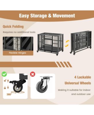 Foldable Heavy-Duty Metal Dog Cage Chew-proof Dog Crate with Lockable Universal Wheels