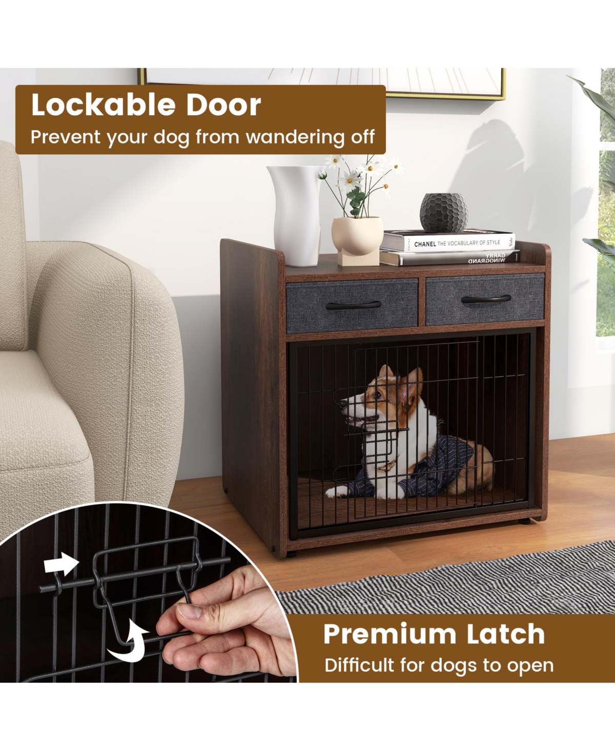 Sugift Dog Crate Furniture Indoor Dog Cage with 2 Fabric Drawers End Table