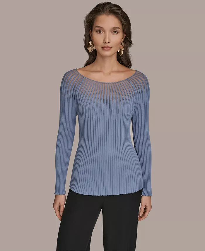Women's Mesh Detail Boat Neck Sweater - thumbnail 7
