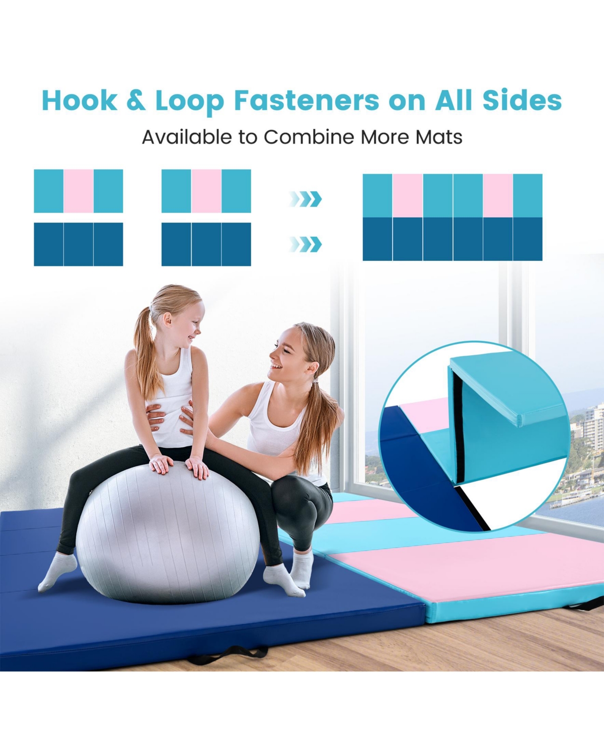 Sugift 4-Panel Pu Leather Folding Exercise Mat with Carrying Handles-Pink & Blue