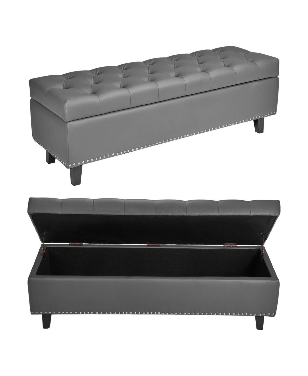 Pu Leather Storage Ottoman Bench Gray with Button-Tufted Design and Wooden Legs