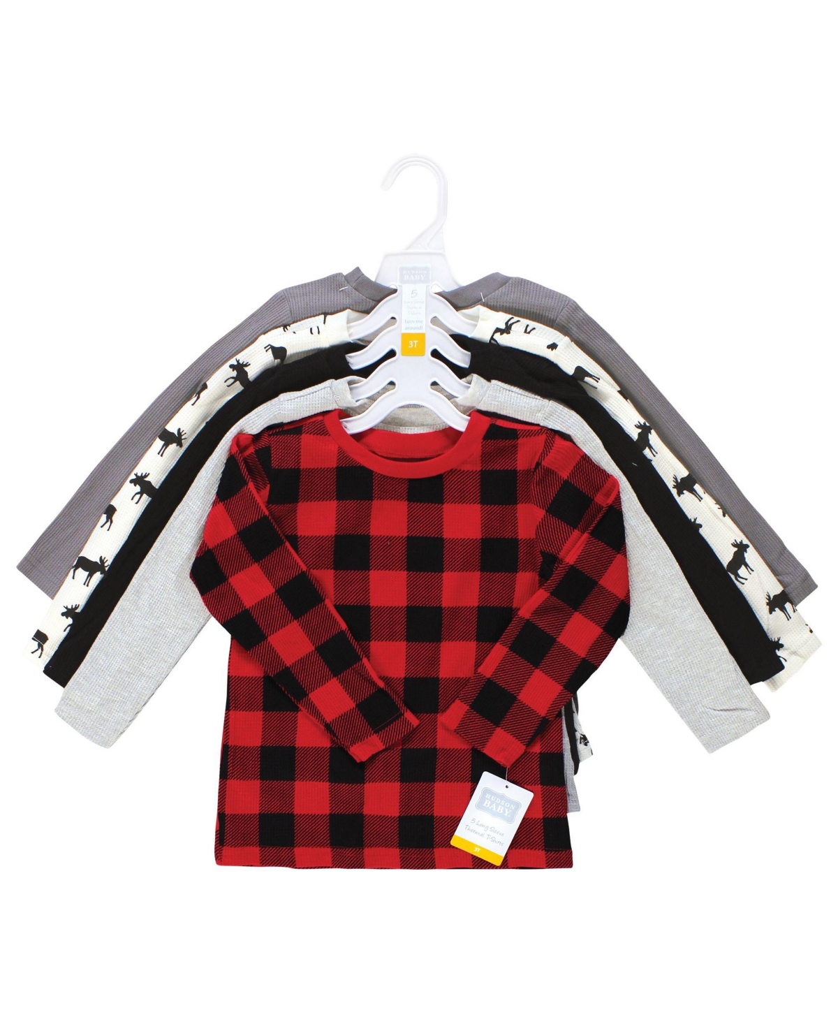 Hudson Baby Baby Boys Hudson Thermal Long Sleeve Tees 5pk, Buffalo Plaid Moose, 18-24 Months