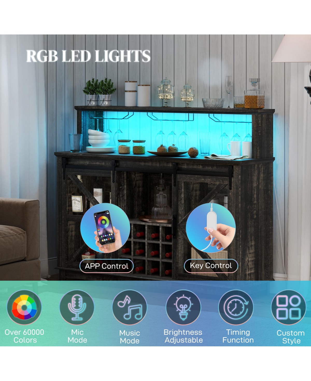 Homcom Bar Cabinet with Lights Wine Bar Cabinet Distressed