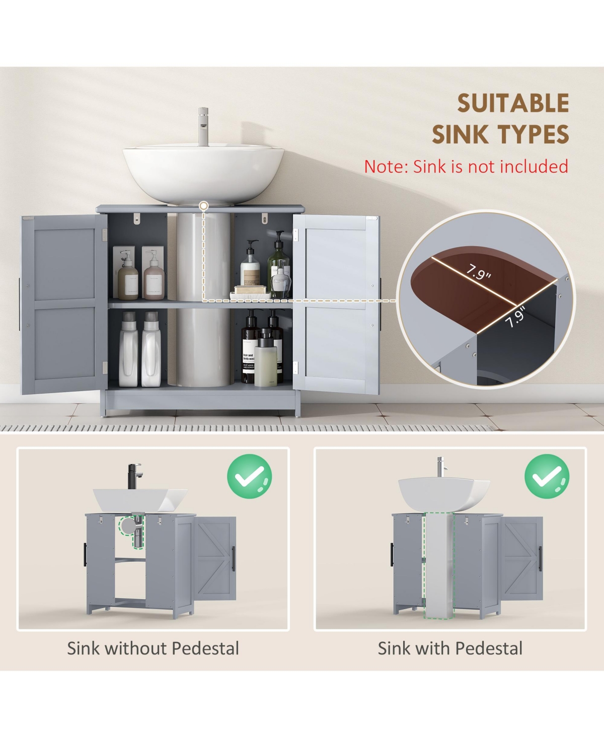 Homcom Pedestal Sink Storage Cabinet, Bathroom Sink Cabinet, Light