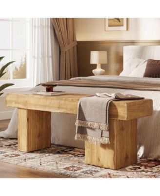 Solid Wood Bench, 47” Farmhouse Entryway Bench with Thickened Seat & Artistic Legs, Indoor Bench