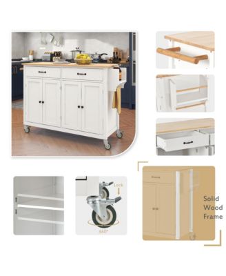 54.3inch Kitchen Island Cart with Solid Wood Top, Locking Wheels, 4-Door Cabinet, Two Drawers, Spice Rack and Towel Rack for Dining Room