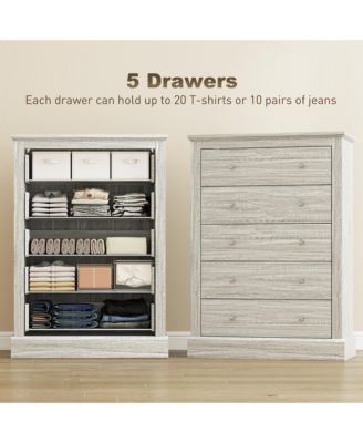 wood construction features five spacious drawers for organized bedroom storage, designed as a functional dresser