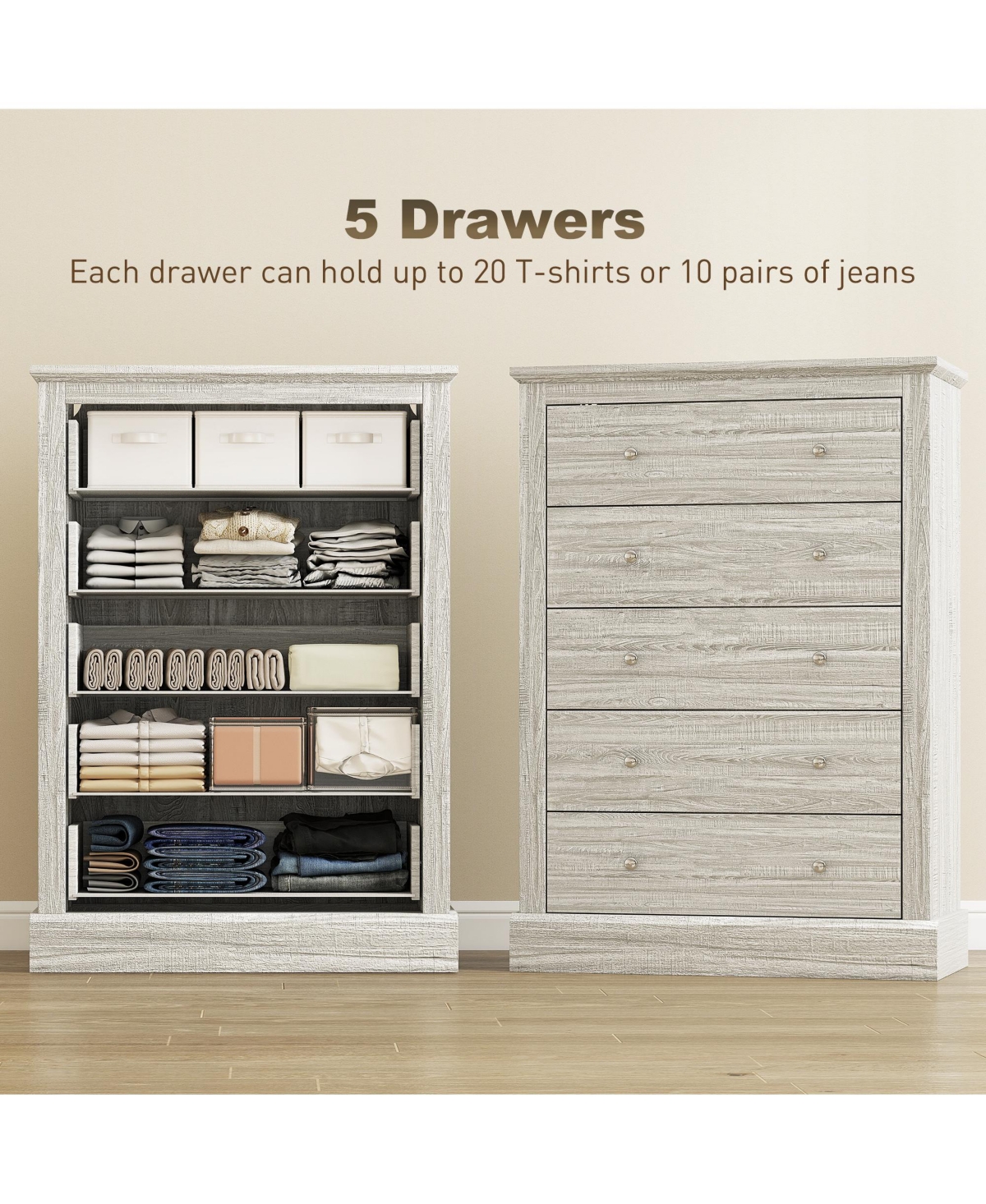 Homcom wood construction features five spacious drawers for organized bedroom storage, designed as a functional dresser