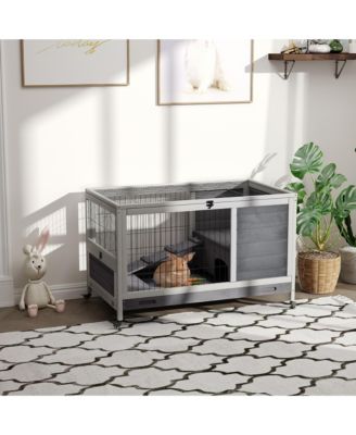 Rabbit Hutch Indoor Small Animal House w/ Pull Out Tray Casters Ramp