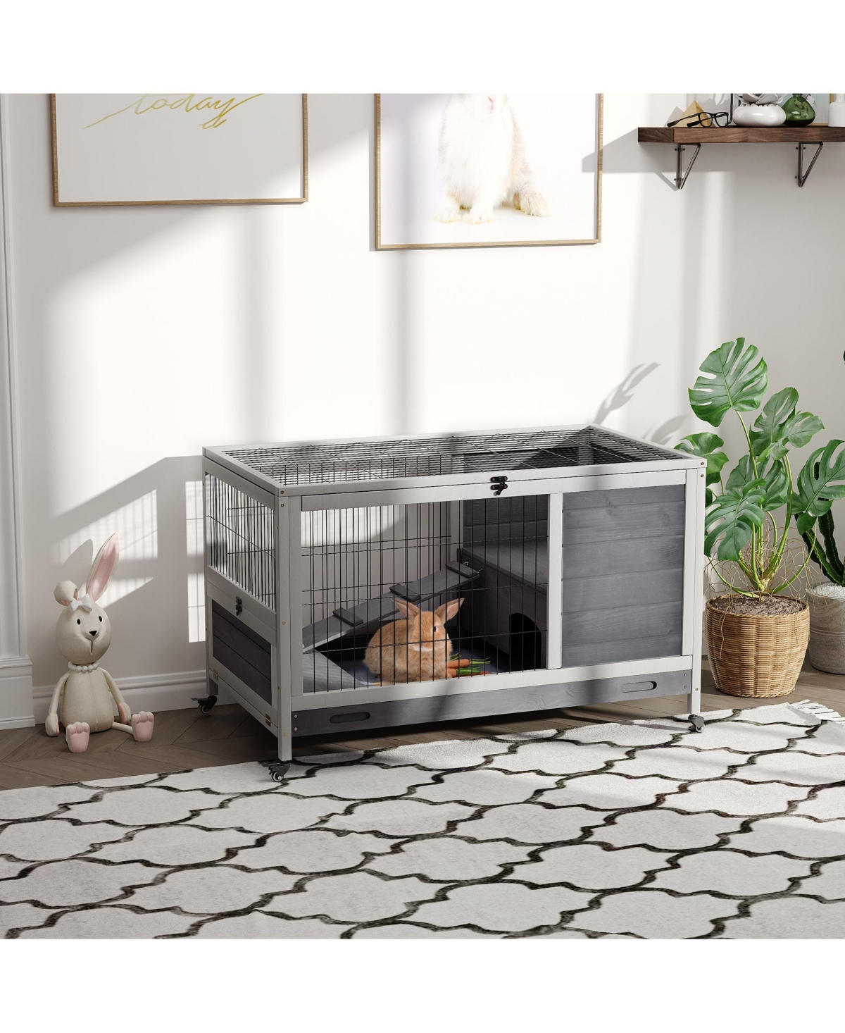 PawHut Rabbit Hutch Indoor Small Animal House w/ Pull Out Tray Casters Ramp