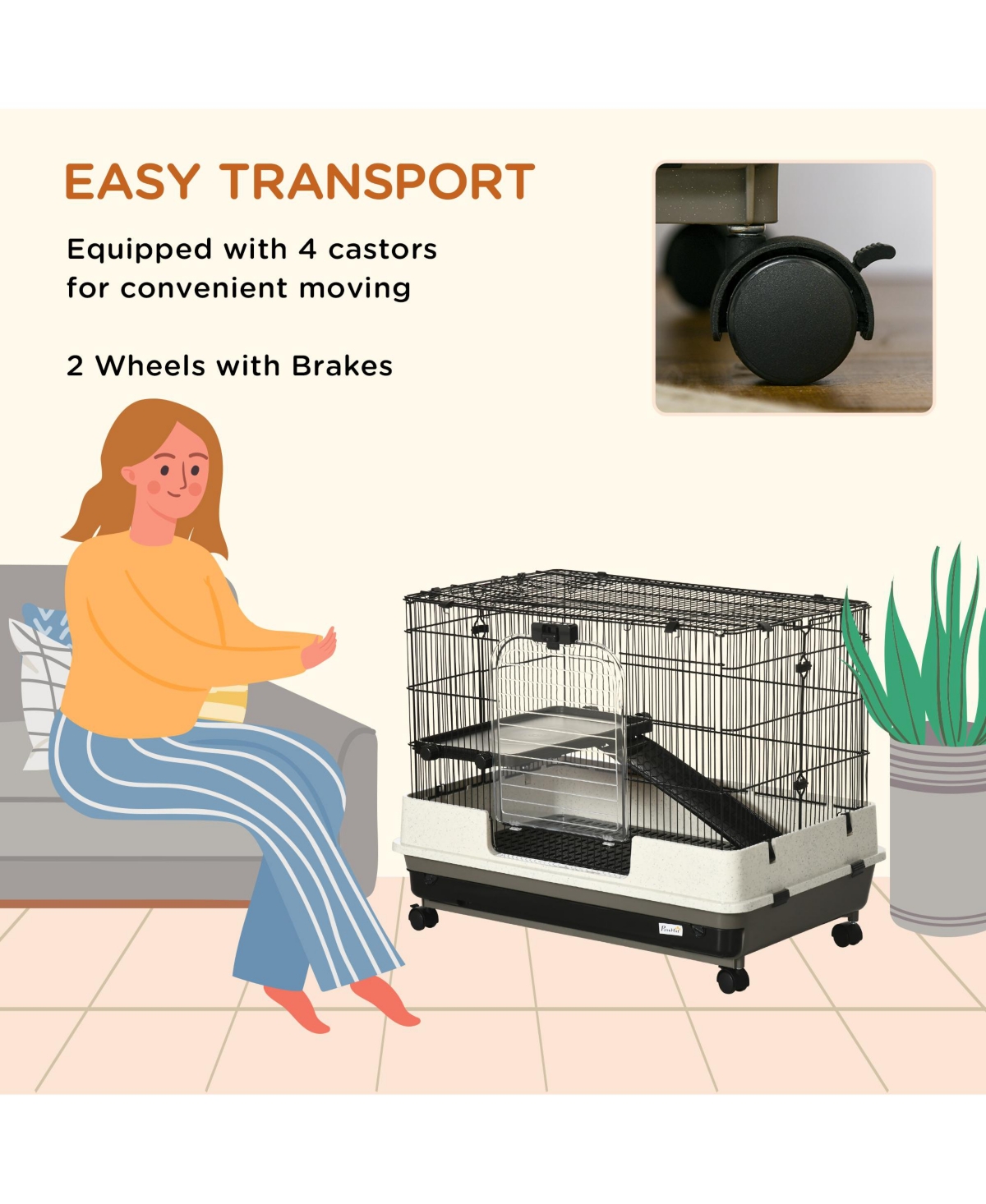 PawHut Small Animal Cage with Wheels, Portable Bunny Cage 2-Tier