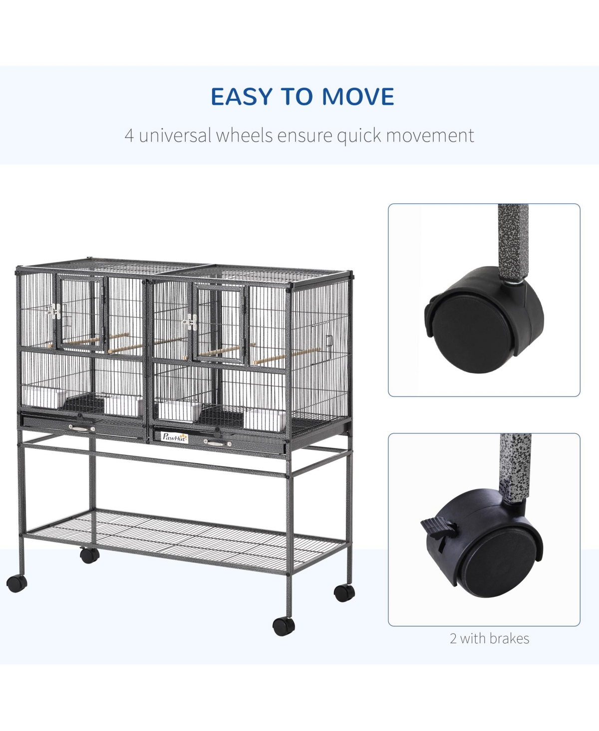 PawHut Double Rolling Bird Cage with Removable Metal Tray and Storage Shelf