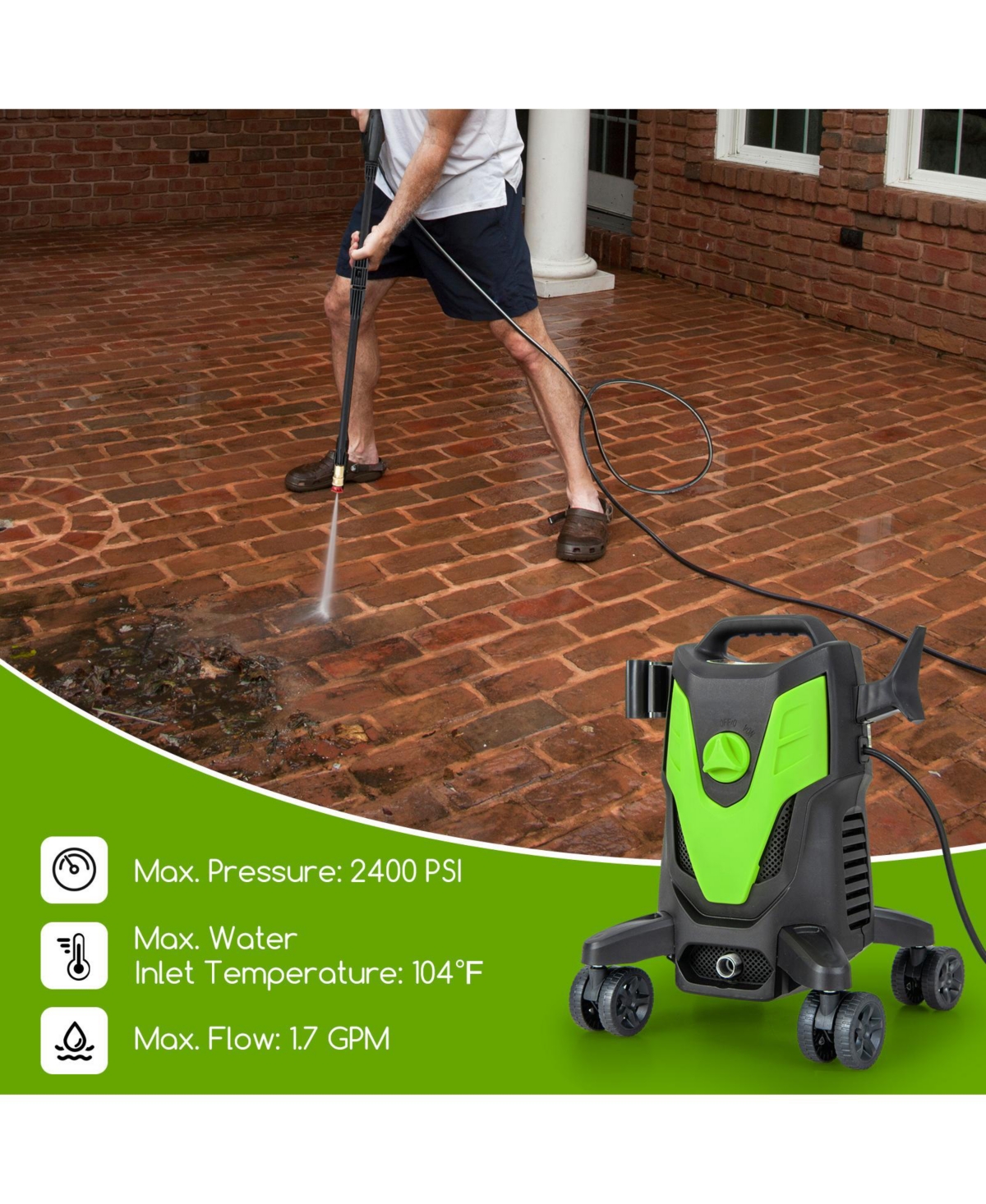 Sugift 2400 Psi Electric Pressure Washer with 4 Universal Wheels.