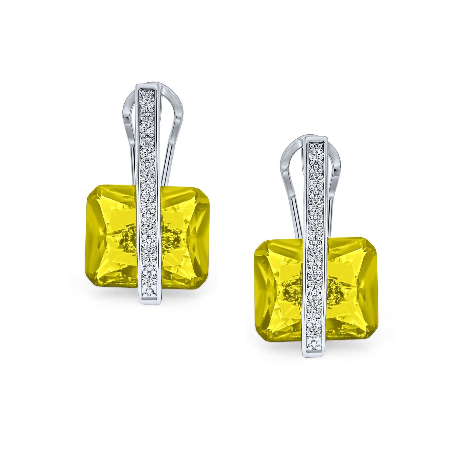 Art Deco Style Pink and Blue Rectangle CZ Drop Cocktail Earrings Silver