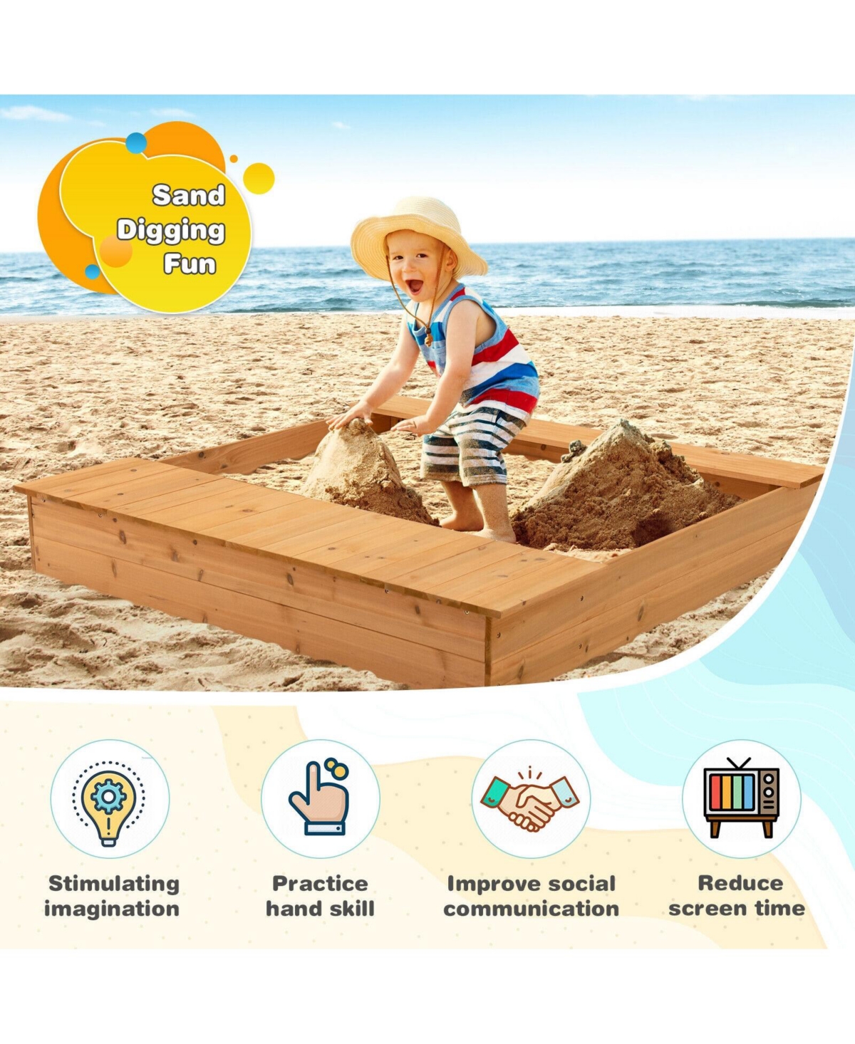 Sugift Kids Wooden Sandbox with Bench Seats and Storage Boxes