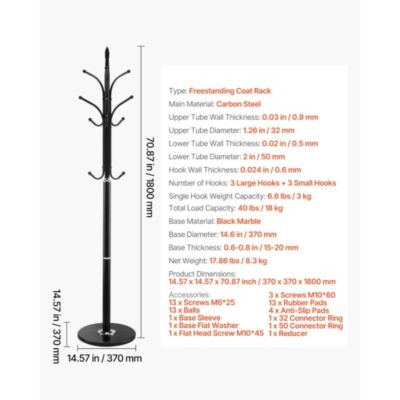 Freestanding Coat Rack with Marble Base and 6 Hooks for Coats.