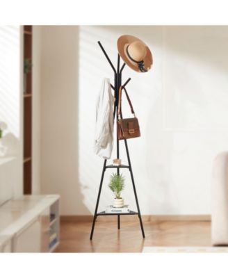 Freestanding Design Coat Rack Stand with 2 Storage Shelves, 6 Hooks