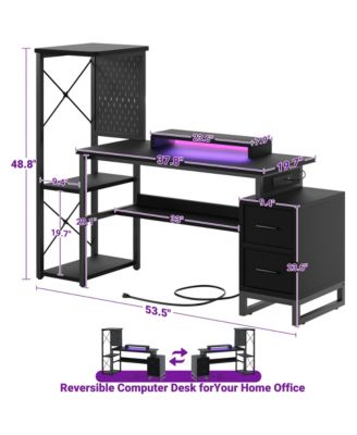 Gaming Desk with 2 Fabric Drawers and LED Lights, Reversible Computer Desk with Outlets & DIY Pegboard