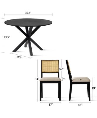 5-Piece Black Round Dining Set, MDF Table with Faux Rattan Back Chairs and Upholstered Seats Apartment Small Dining Room-Maison Boucle