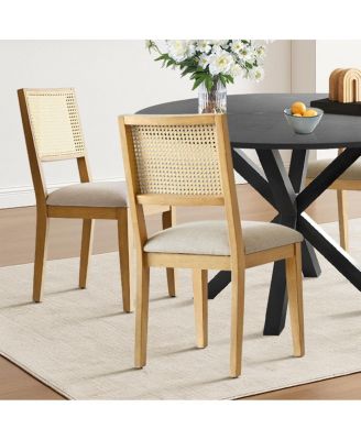 5-Piece Black Round Dining Set, MDF Table with Faux Rattan Back Chairs and Upholstered Seats Apartment Small Dining Room-Maison Boucle