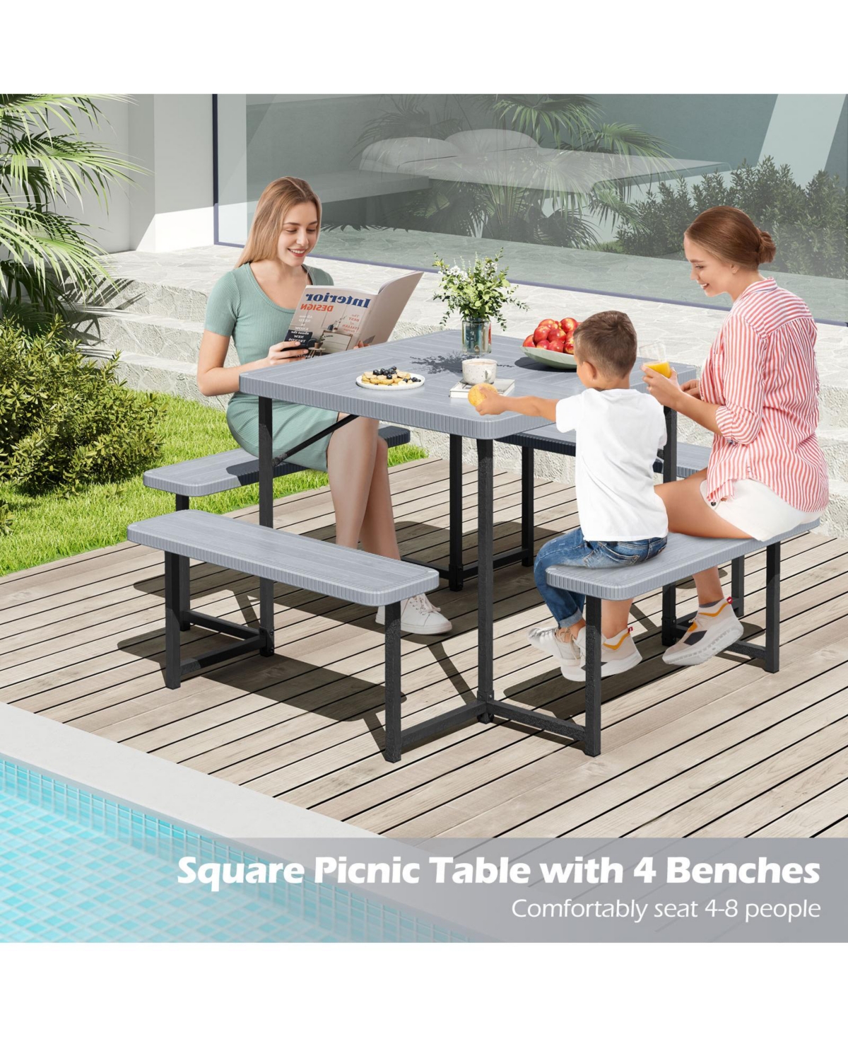 Outdoor Square Picnic Table Bench Set for 4-8 People with Umbrella Hole
