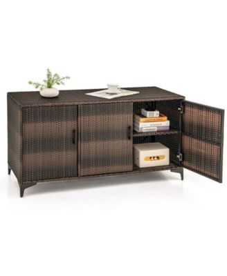 Sugfit 84 Gallon Patio Wicker Deck Box 3-Door PE Rattan Storage Container with Removable Shelves-Brown