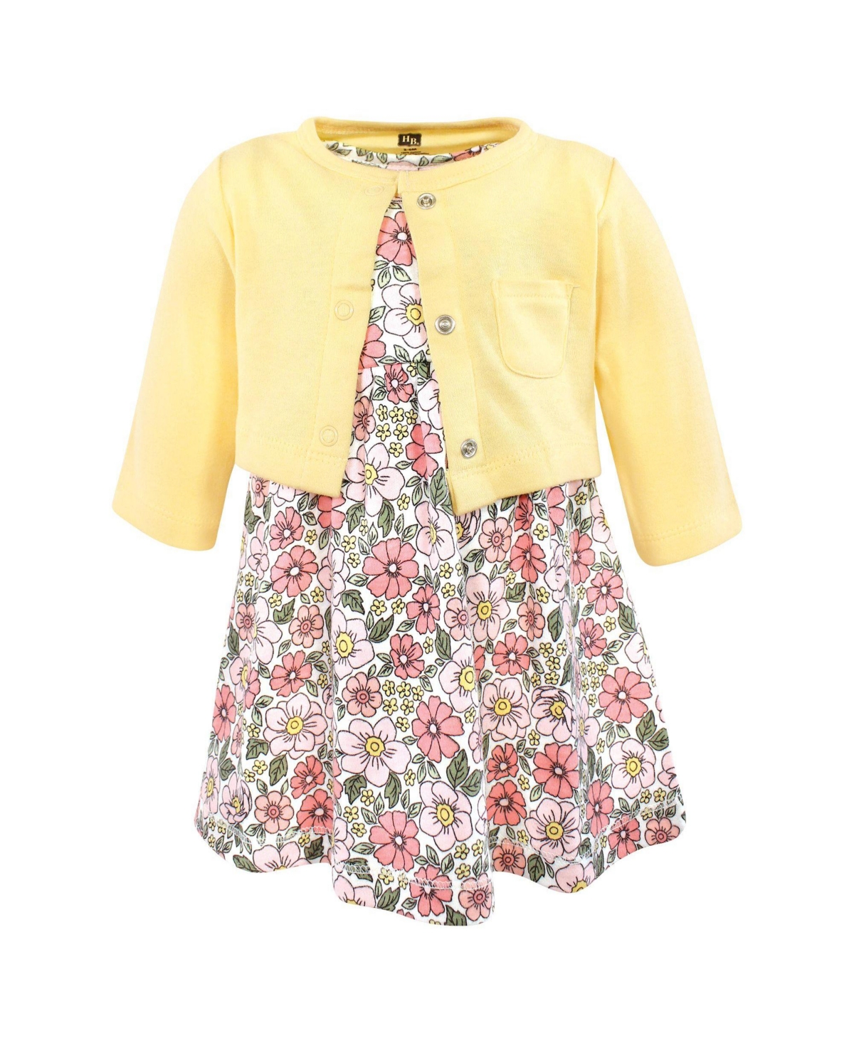 Hudson Baby Toddler Girls Cotton Dress and Cardigan Set, Pink Yellow Pretty Floral