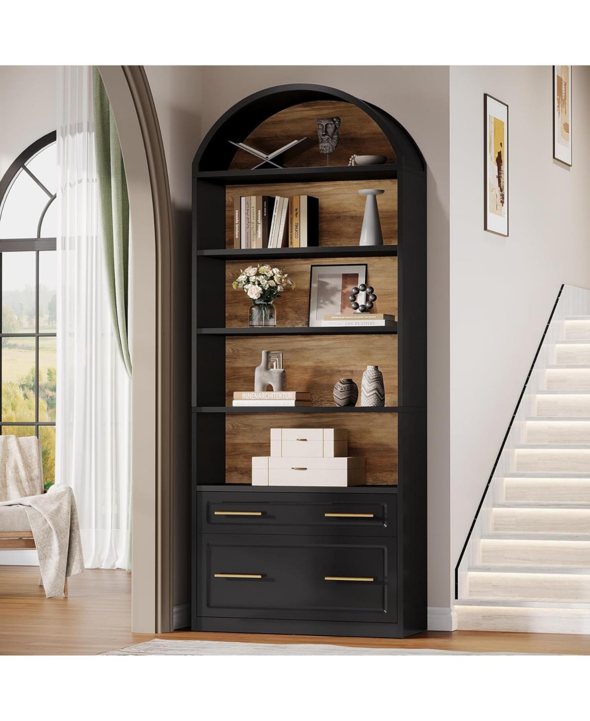 Tribesigns 76.8" Tall Arched Kitchen Pantry, 5-Tier Pantry Cabinet with Storage Drawer, Freestanding Wooden Organizer