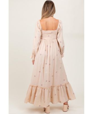 Maternity Cream Long Sleeve Floral Accent Dress