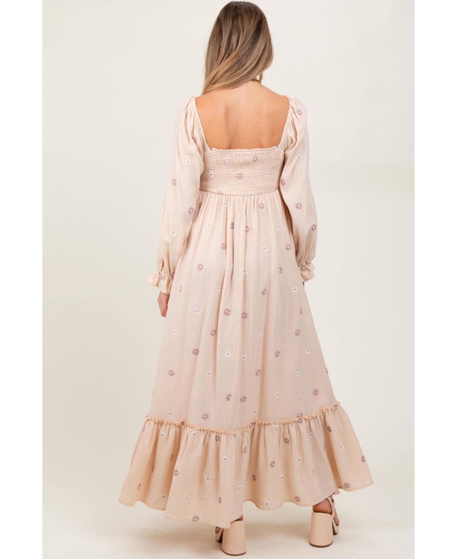 Women's Grey Taupe Long Sleeve Floral Accent Dress