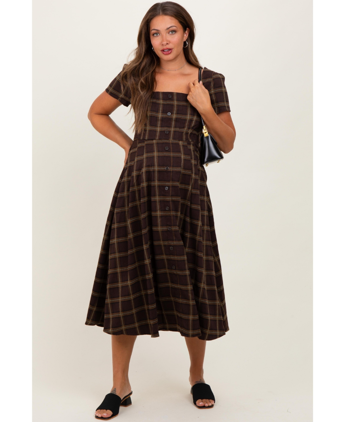 Pinkblush Maternity Brown Plaid Button Down Midi Dress