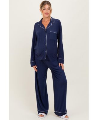 Maternity Dark Navy Button Down Top Wide Leg Pant Pajama Set