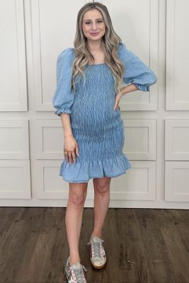 Maternity Light Blue Square Neck Smocked Denim Dress