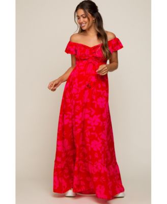 Maternity Red Floral Smocked Cinched Top Maxi Dress