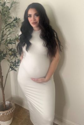 Maternity Cream Fitted Short Sleeve Maxi Dress