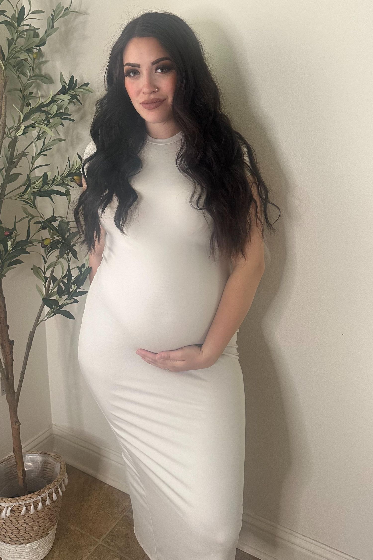 Women's Cream Fitted Short Sleeve Maxi Dress