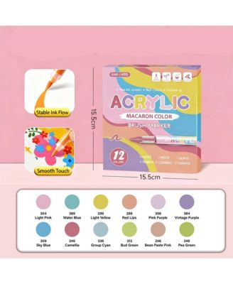 12 Colors Acrylic Paint Markers, Macaron Color Series Set with Soft Brush Tip for Wood, Canvas, Glass, Diy Crafts, Fabric Paint