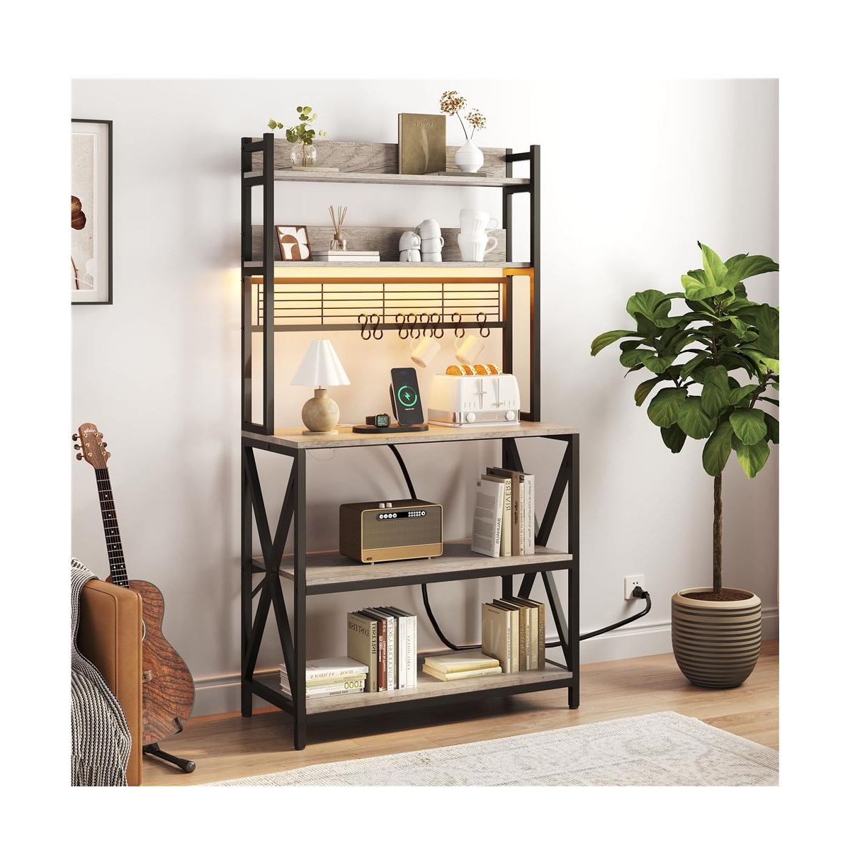 Yaheetech 5-Tier Engineered Wood and Metal Baker s Rack with Power Outlets