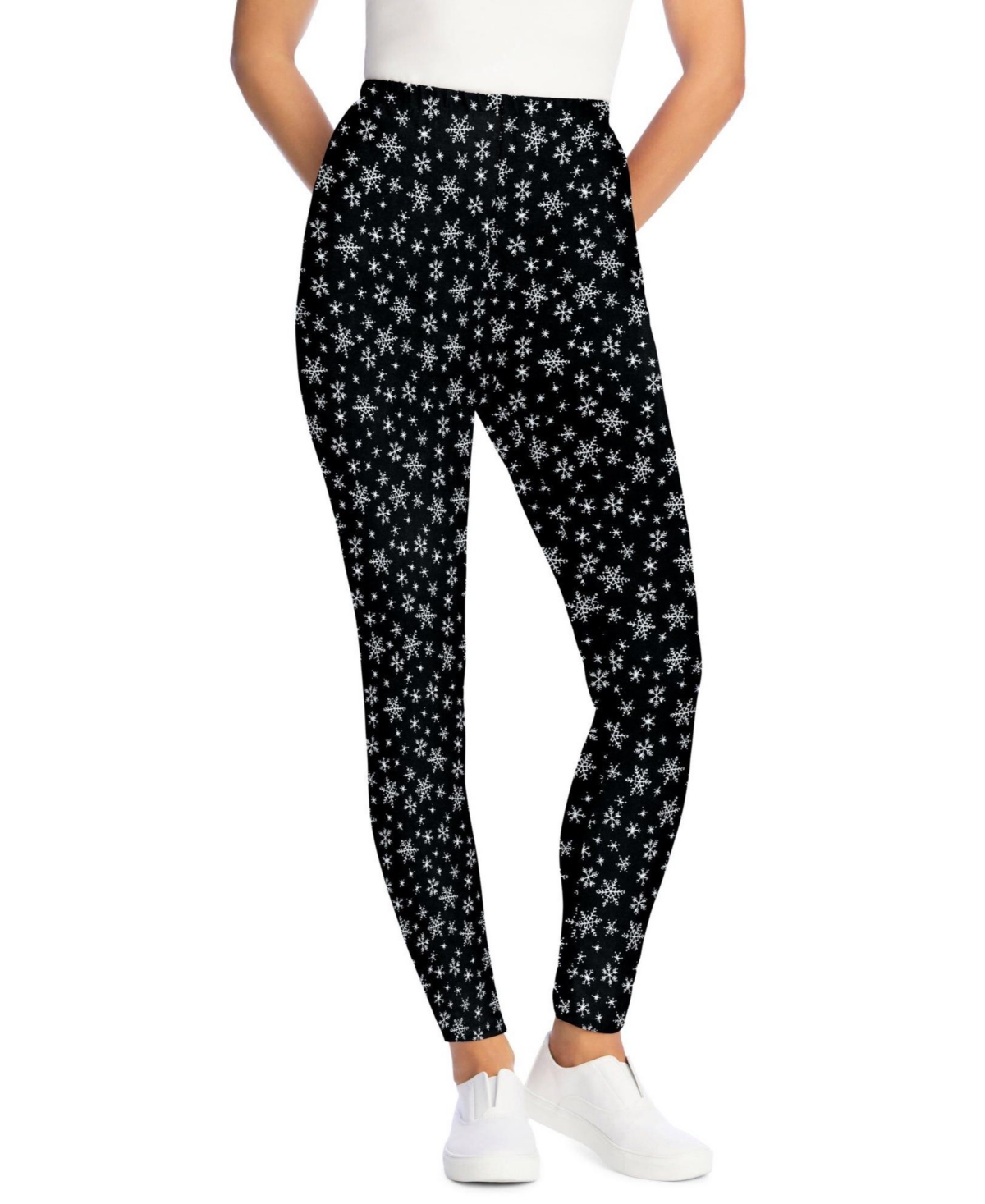 Woman Within Plus Size Within Stretch-Cotton Knit Pull-On Printed Leggings - Black white snowflake