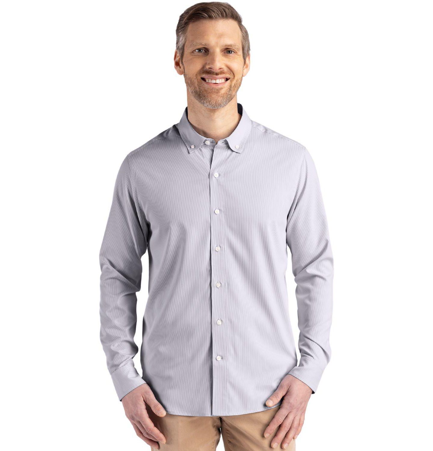 Мужская рубашка Cutter & Buck Pinstripe Long Sleeve Dress Shirt, цвет: Серый / Белый — фото 2