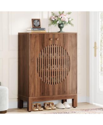 20 Pairs Shoe Storage Cabinet with Adjustable Shelves, Round Louvered Doors