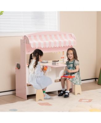 Double-Sided Kids Play Kitchen Set with Canopy and 2 Seats