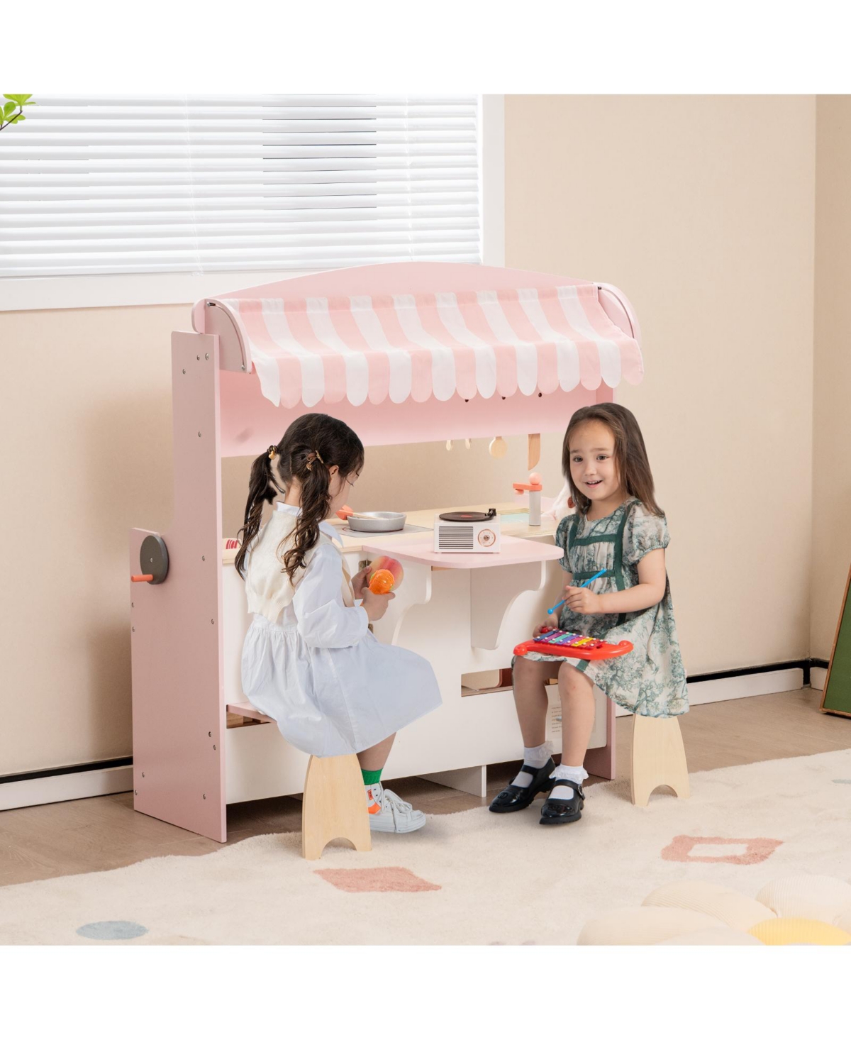 Skonyon Double-Sided Kids Play Kitchen Set with Canopy and 2 Seats