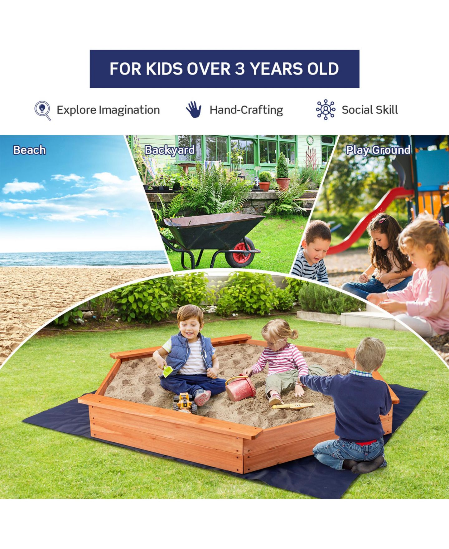 Детская игрушка SUGIFT Hexagon Cedar Sandbox With Seat Boards, 800-lb Capacity, Ages 3+, цвет: Натуральный — фото 7