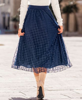 Women's High Waist Mesh Overlay A-Line Midi Skirt