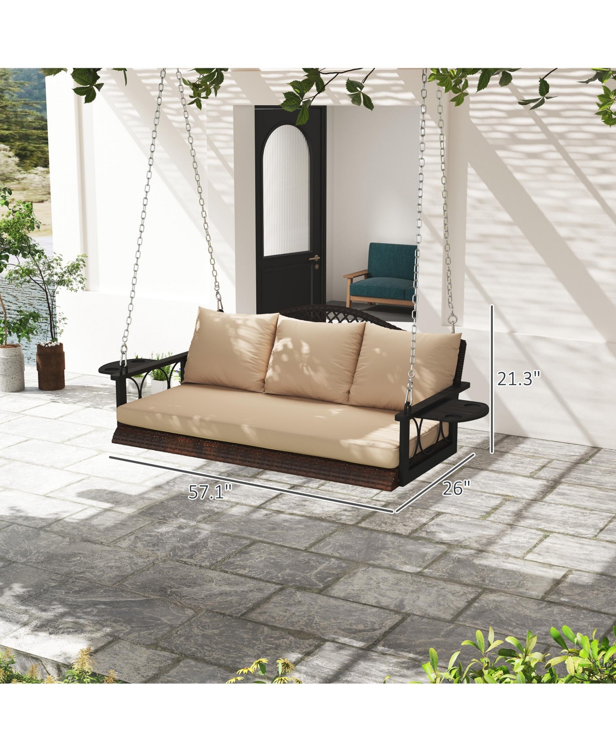 Outsunny Wicker Porch Swing, Hanging Swing Bench with Cup Holder, Natural