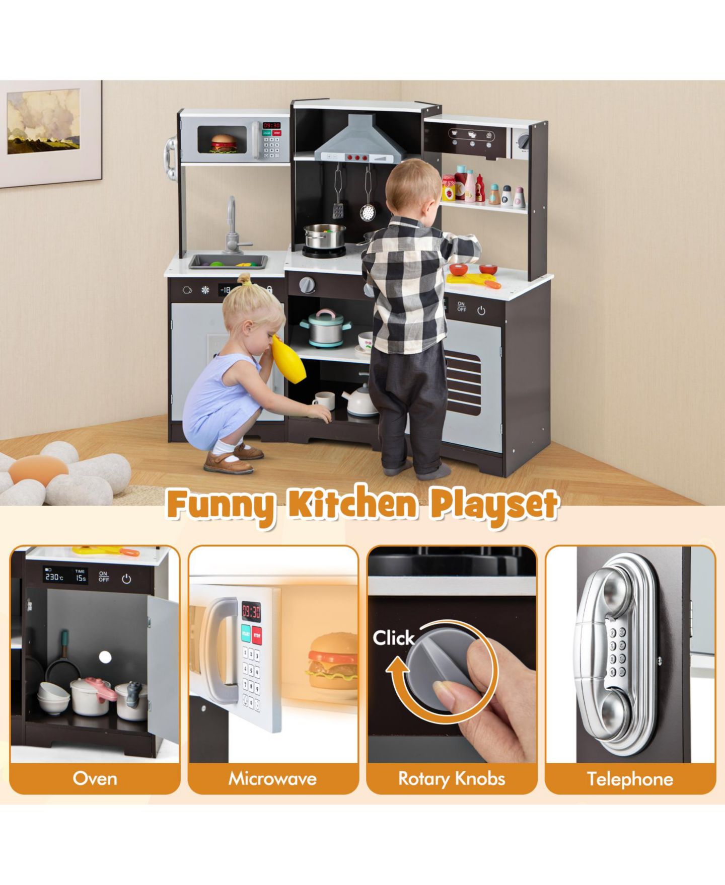 Детская игрушка SKONYON Wooden Play Kitchen with Working Range Hood, Sound Effects & Lights, Ages 3+, цвет: Серый — фото 6