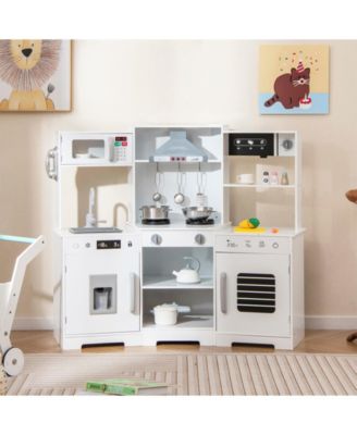 Pretend Play Kitchen Wooden Toy Set with Range Hood Real Sounds and Lights-White