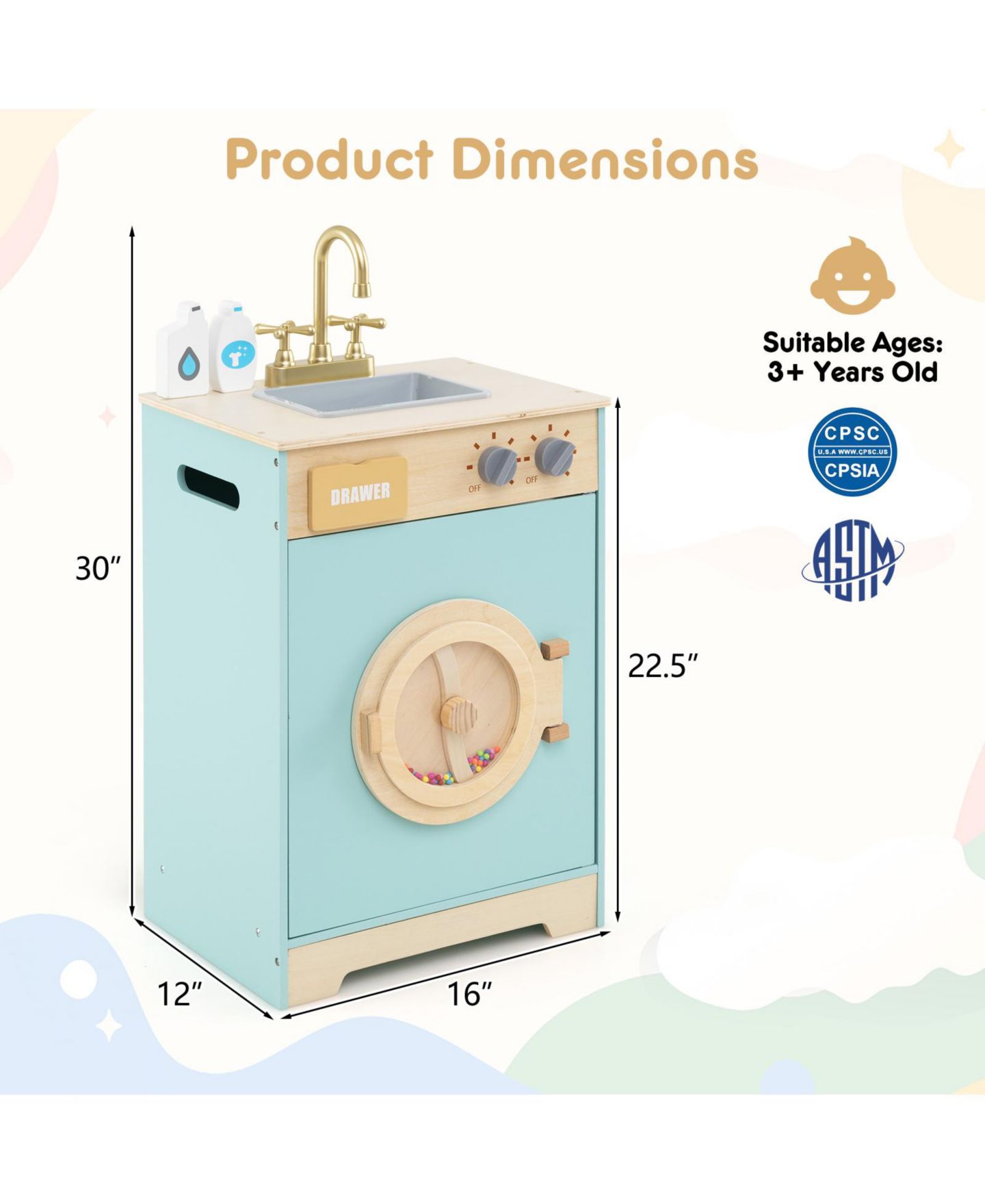 Детский игровой набор SKONYON Laundry Wooden Playset, Ages 3+, цвет: Синий — фото 3